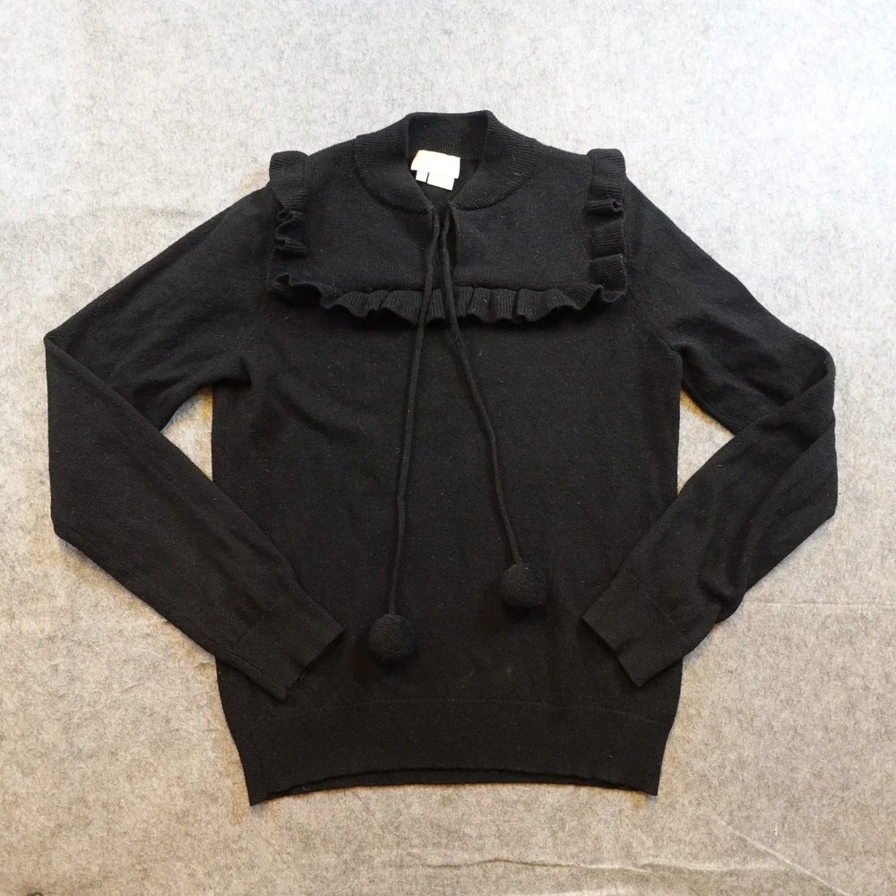 Kate Spade Sweater Women Small Black Ruffle Bib Pom Pom Wool Cashmere Blend Knit